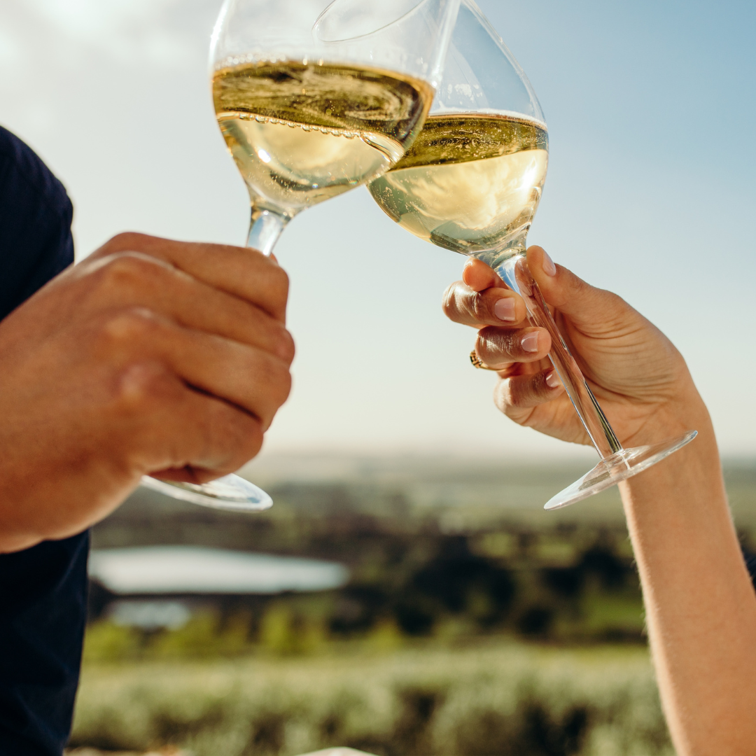 two people toasting with white wine